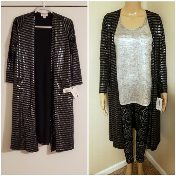 NWT S LuLaRoe Elegant Sarah Long Black Duster Silver Metallic Striped Cardigan - Picture 3 of 9